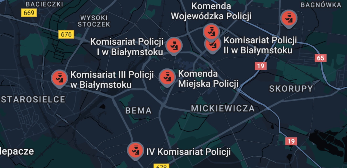 Komisariaty i Komendy Policji w Białymstoku na mapie.